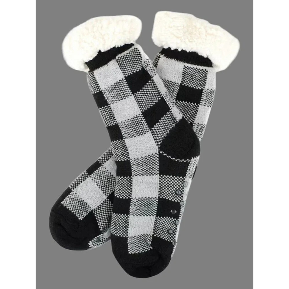 New Nollia Plush Sherpa Slipper Socks Buffalo Plaid Black White
